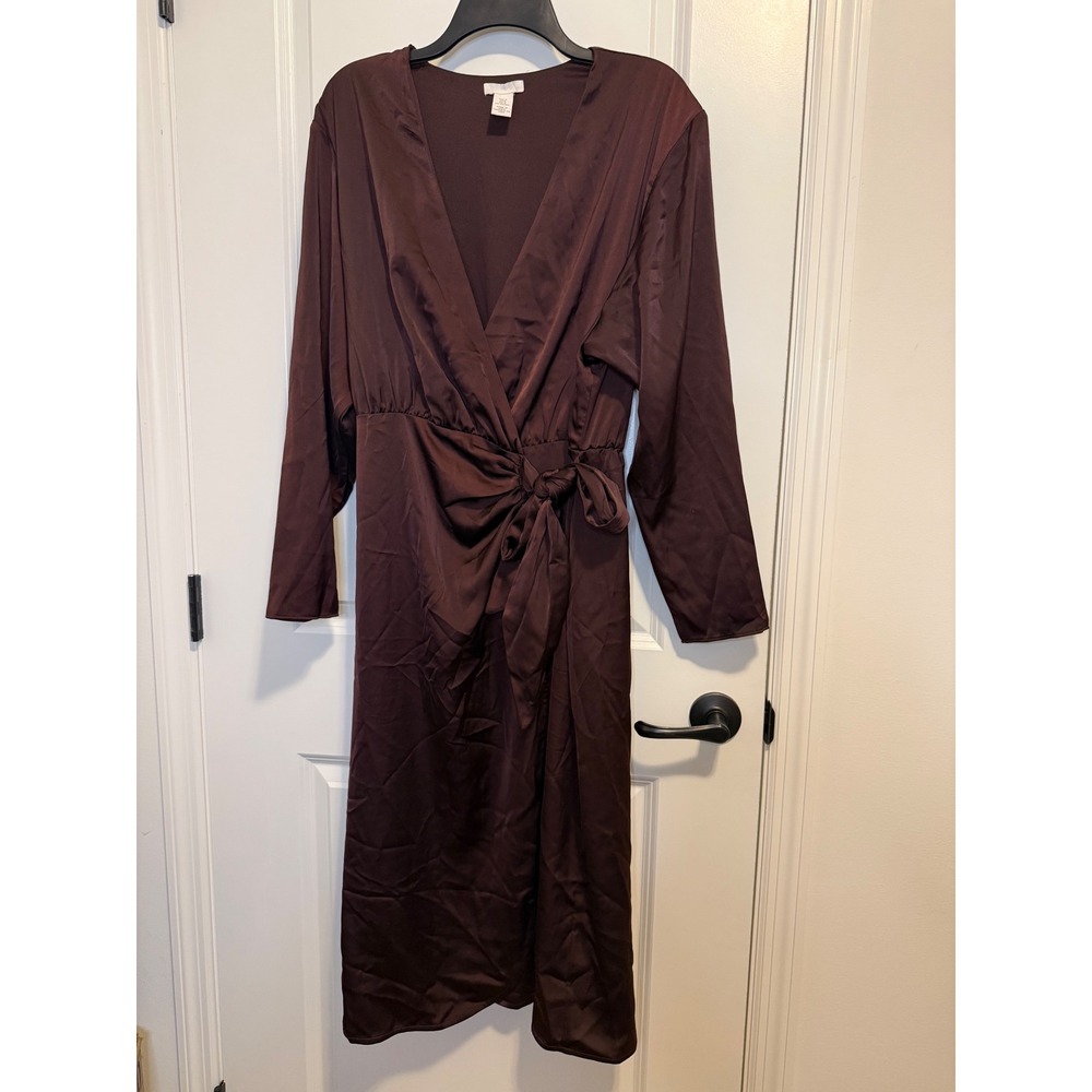 H&M Wrap Midi Dress Womens Size M Brown Excellent Satin Long Sleeve Elegant